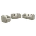 Neutral-toned three-piece sofa arrangement including armchair, loveseat, and three-seater on white background.