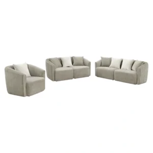 Neutral-toned three-piece sofa arrangement including armchair, loveseat, and three-seater on white background.