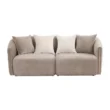 Beige three-seater sofa, front view with four scatter cushions on white background.