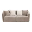 Beige three-seater sofa, front view with four scatter cushions on white background.