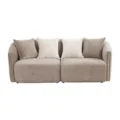 Beige three-seater sofa, front view with four scatter cushions on white background.
