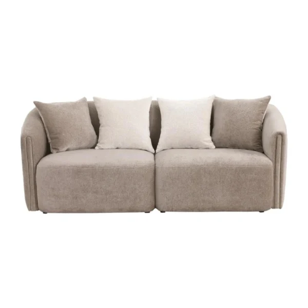 Plush Living room set - 3 seater (2) Beige three-seater sofa, front view with four scatter cushions on white background.