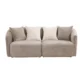 Beige three-seater sofa, front view with four scatter cushions on white background.