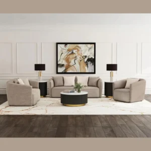 Plush Living room set Plush Living Room Set in beige fabric, three-seat sofa with two matching armchairs, round black-and-gold coffee table