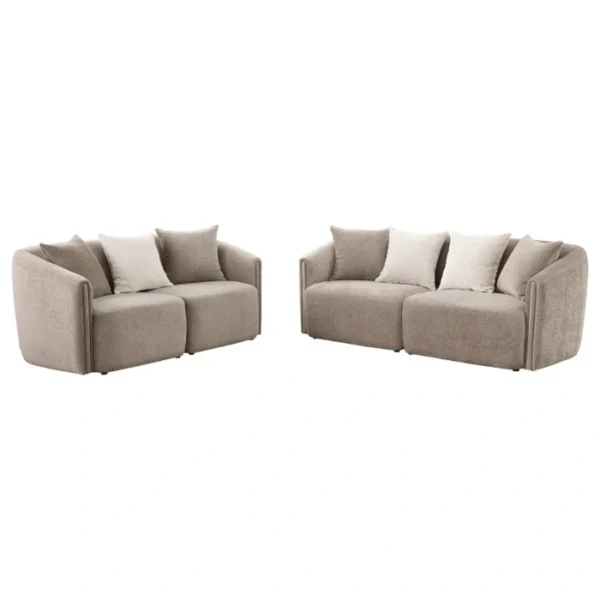 Plush Living room set (4) Pair of soft beige loveseats with contrasting light cushions displayed on white background.