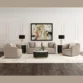 Plush Living Room Set in beige fabric, three-seat sofa with two matching armchairs, round black-and-gold coffee table