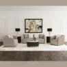 Plush Living Room Set in beige fabric, three-seat sofa with two matching armchairs, round black-and-gold coffee table