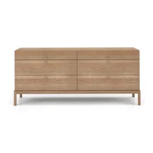 Roco Dresser – modern light oak dresser with six spacious drawers, clean lines, and minimalist brass knobs for a contemporary bedroom look.