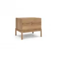 Roco Side Table – angled view of light oak side table featuring two drawers with brass knobs and clean modern lines.