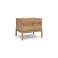 Roco Side Table – angled view of light oak side table featuring two drawers with brass knobs and clean modern lines.