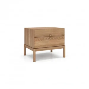 Roco Side Table – angled view of light oak side table featuring two drawers with brass knobs and clean modern lines.