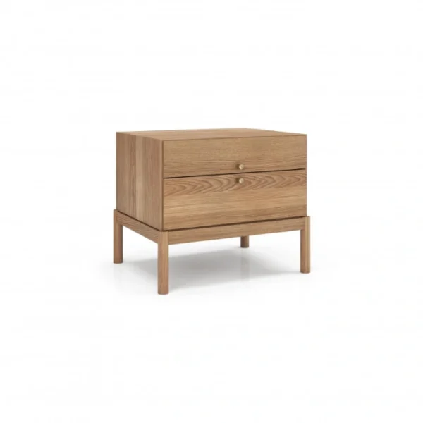 Roco Side Table (2) Roco Side Table – angled view of light oak side table featuring two drawers with brass knobs and clean modern lines.