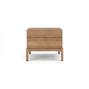 Roco Side Table – modern light oak side table with two drawers and brass knobs, featuring a clean and minimal design.