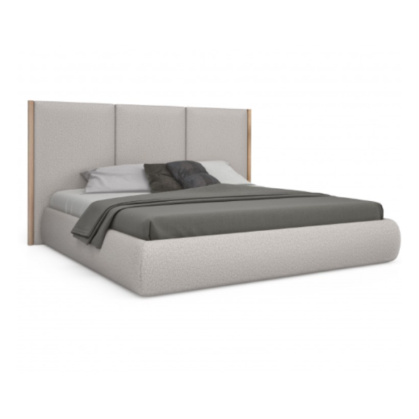 Roco Upholstered Bed - Light grey (2) Roco Upholstered Bed – angled view of modern light grey bed featuring tall padded headboard and rounded frame.