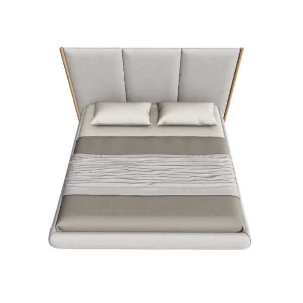 Roco Upholstered Bed - Light grey (4) Roco Upholstered Bed – top view of light grey bed with cushioned headboard and soft rounded frame.
