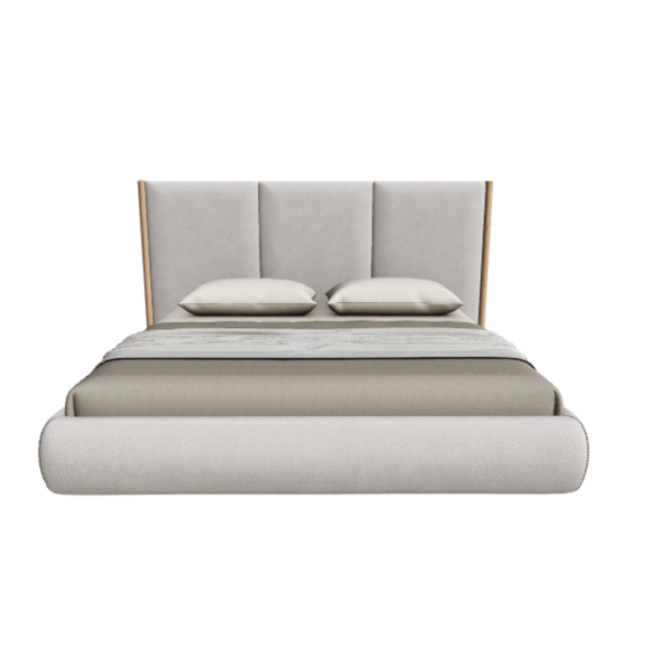 Roco Upholstered Bed - Light grey Roco Upholstered Bed – feature image showing front view of modern light grey bed with padded headboard and soft frame.