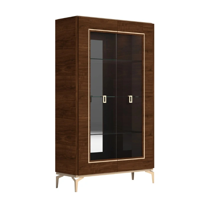 Walnut veneer display cabinet with glass doors, light trim, and slim metallic legs—angled view.