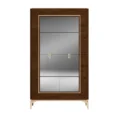 Front view of Veneer dining cabinet glass-front display with two interior glass shelves and warm wood frame.