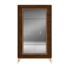 Front view of Veneer dining cabinet glass-front display with two interior glass shelves and warm wood frame.