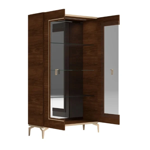 Veneer Dining Cabinet (4) Display cabinet with doors open, showing glass shelving and integrated top lighting.