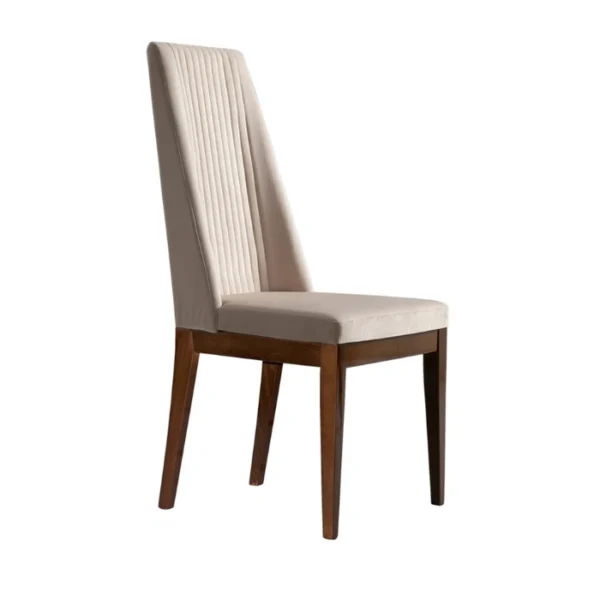 Veneer Dining Chair (4) Three-quarter view of a beige high-back dining chair with channel-tufted backrest.