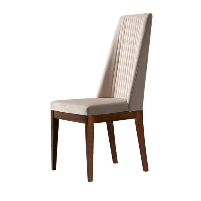 Angled rear view of the beige dining chair showing tapered wooden legs.
