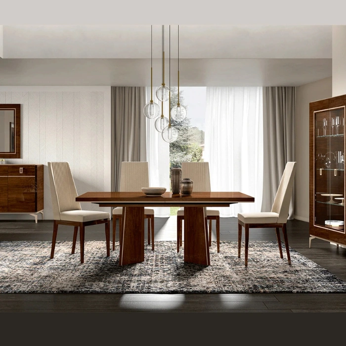 Veneer Dining Chair – walnut veneer pedestal table with four high-back upholstered chairs in a modern dining room scene.
