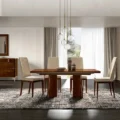 Veneer Dining Set – walnut veneer pedestal table with four high-back upholstered chairs in a modern dining room scene.