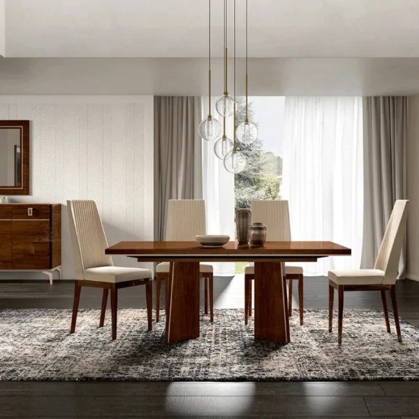 Veneer Dining Set Veneer Dining Set – walnut veneer pedestal table with four high-back upholstered chairs in a modern dining room scene.