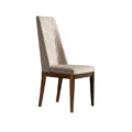 Three-quarter view of a beige high-back dining chair with channel-tufted backrest.