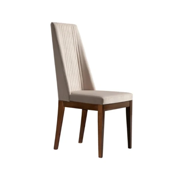 Veneer Dining Set - chair (3) Three-quarter view of a beige high-back dining chair with channel-tufted backrest.