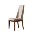 Angled rear view of the beige dining chair showing tapered wooden legs.