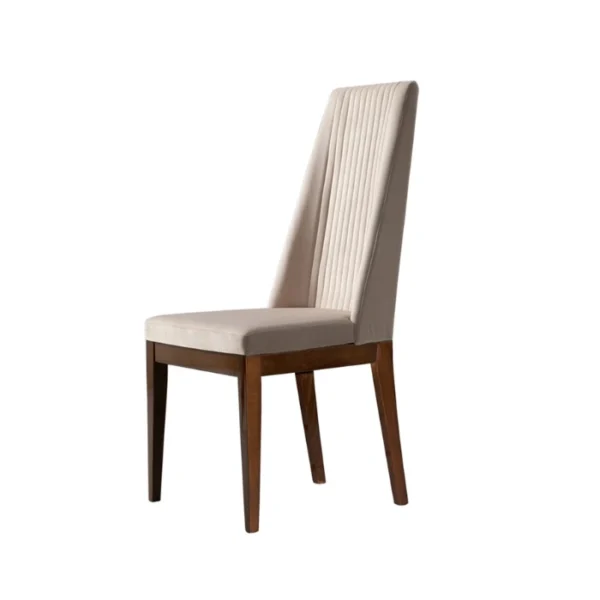 Veneer Dining Set - chair (4) Angled rear view of the beige dining chair showing tapered wooden legs.