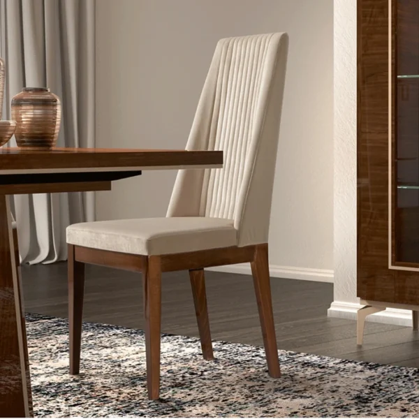 Veneer Dining Set - chair Lifestyle scene featuring beige dining chair paired with a walnut veneer table.