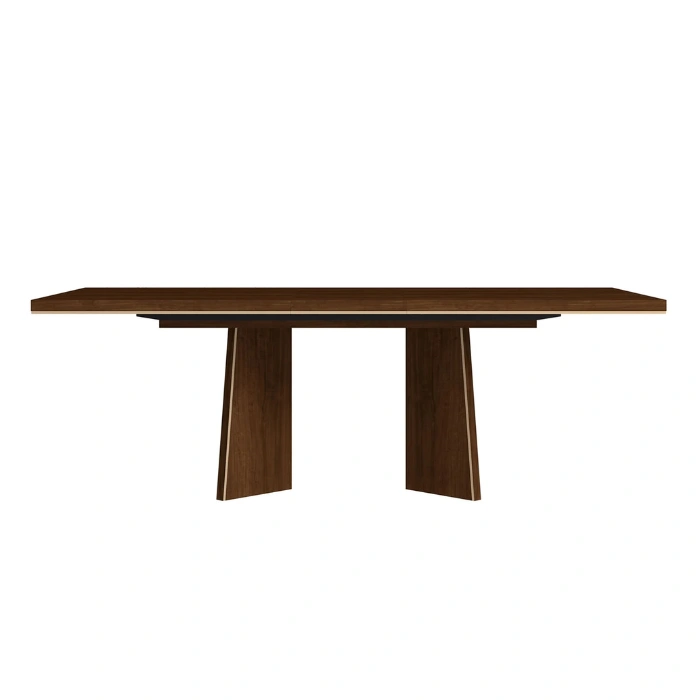 Rectangular veneer dining table with twin pedestal legs, front view on white background.