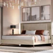 Verona Bed in cream with upholstered headboard, ribbed frame and slim metal legs