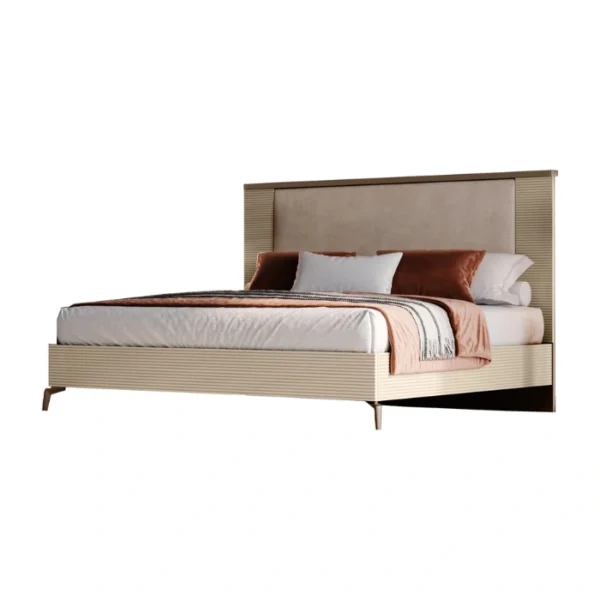 Verona Bed (2) Three-quarter view of modern upholstered bed with ribbed cream frame, slim metal legs, elevated design.