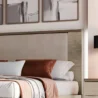 Headboard detail showing padded panel and ribbed side trims, warm bedding, wall art background accents