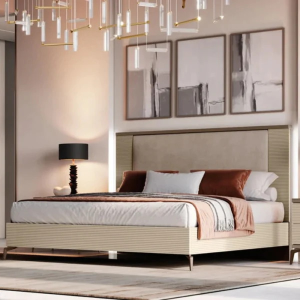 Verona Bed Verona Bed in cream with upholstered headboard, ribbed frame and slim metal legs