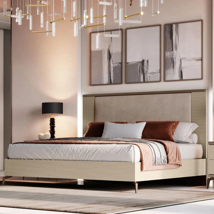 Verona Bed in cream with upholstered headboard, ribbed frame and slim metal legs