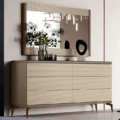 Verona Dresser with ribbed cream drawers, dark top, and slim metal legs