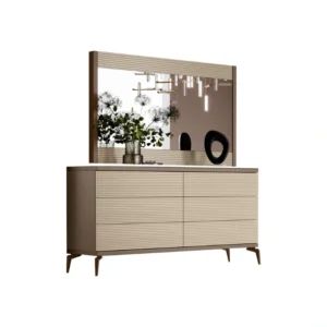Six-drawer cream dresser on slim legs with framed mirror; ribbed fronts and styled vases reflected.