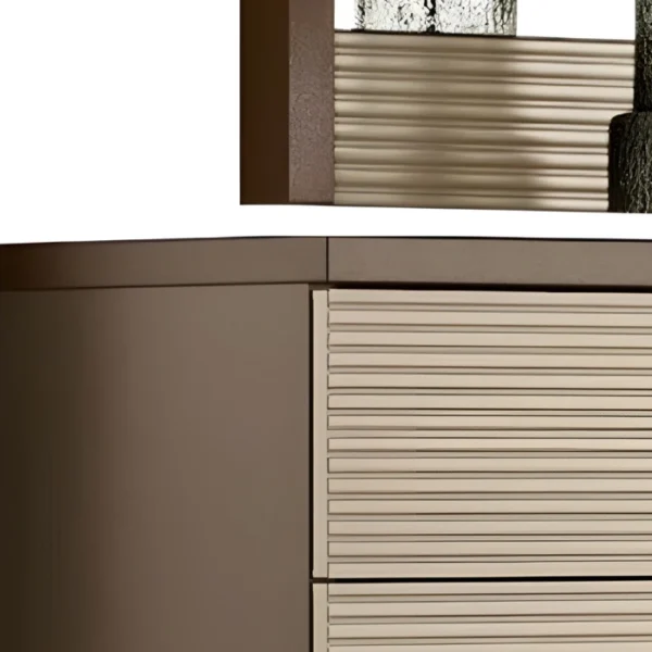 Verona Dresser (3) Detail of top corner showing taupe side panel and ribbed cream drawer texture near mirror.