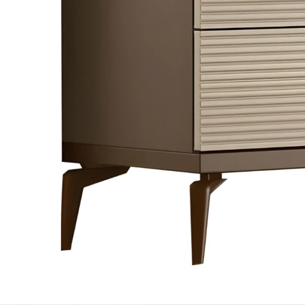Verona Dresser (4) Lower corner close-up highlighting ribbed drawers and tapered metal legs in warm bronze finish.