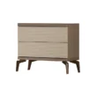 Two-drawer bedside cabinet with ribbed cream fronts, dark top, and tapered metal legs.