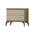 Two-drawer bedside cabinet with ribbed cream fronts, dark top, and tapered metal legs.