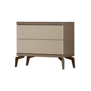 Two-drawer bedside cabinet with ribbed cream fronts, dark top, and tapered metal legs.