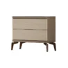 Two-drawer bedside cabinet with ribbed cream fronts, dark top, and tapered metal legs.