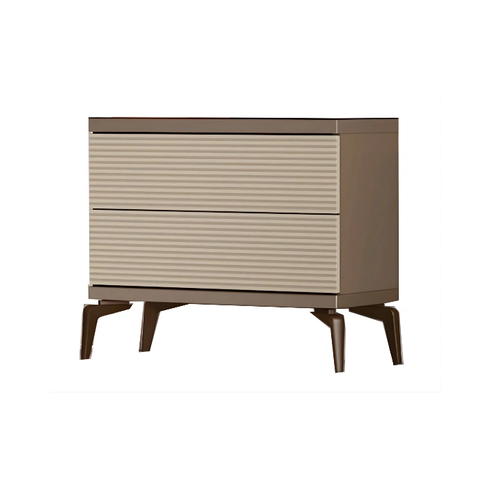 Two-drawer bedside cabinet with ribbed cream fronts, dark top, and tapered metal legs.