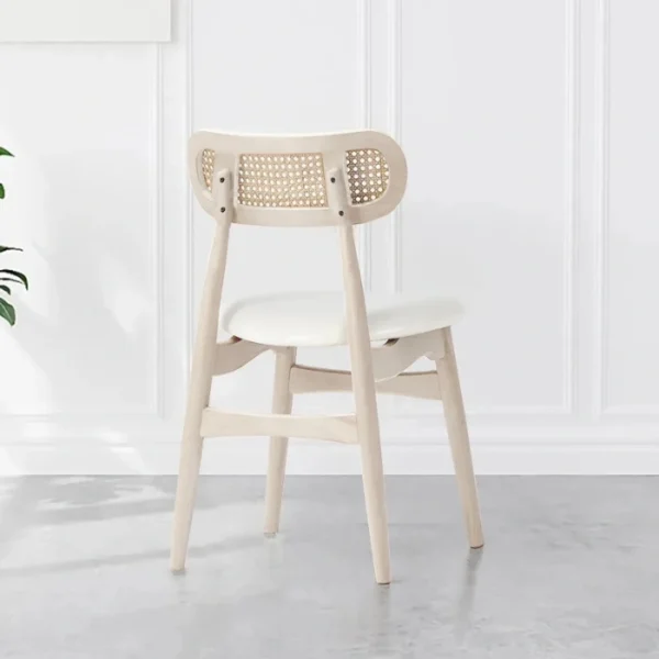 Willow Dining set - chair rear view of Scandinavian wooden dining chair with white seat and curved rattan cane backrest for modern dining rooms.